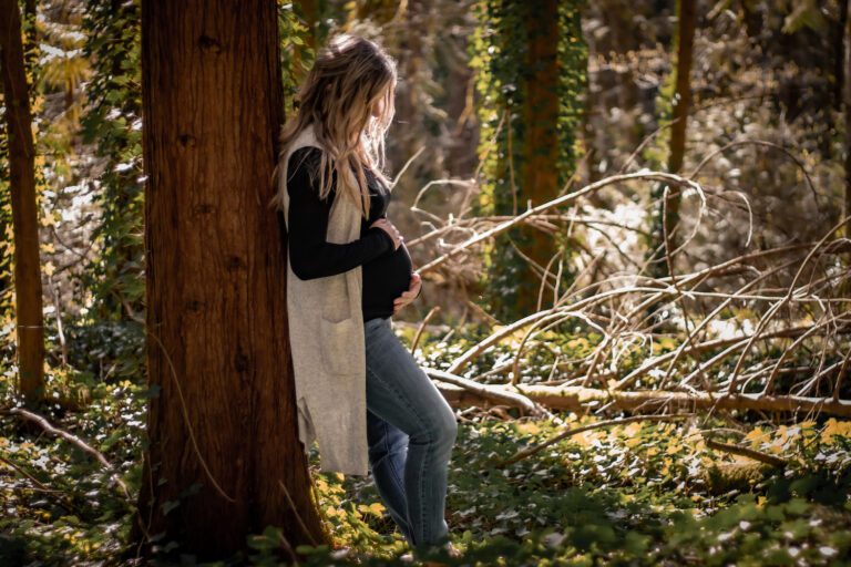 pregnant mama exploring in the forest maternity session horth hill regional park victoria bc