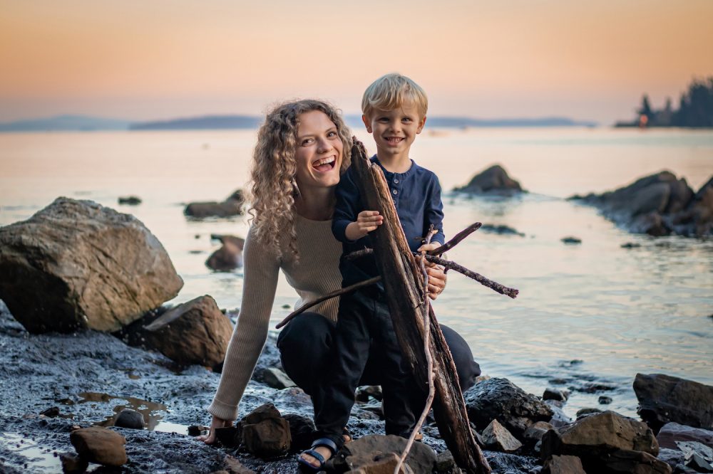 Mom and child playing on beach family photos boosting self-esteem victoria bc photography